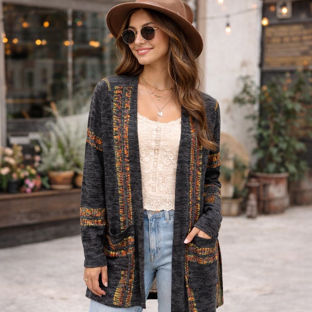 Gray Open Front Knit Cardigan Yellow Orange Stripes S NWT | LuLaRoe Caroline